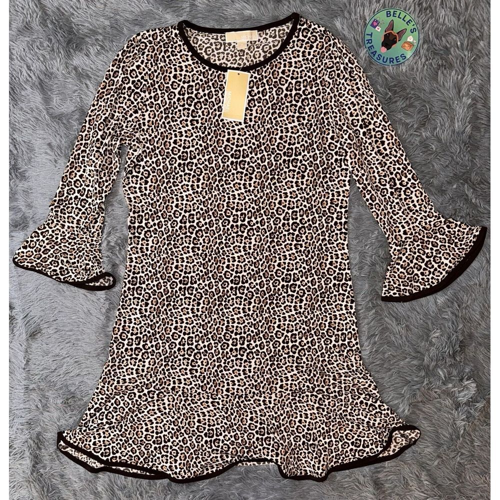 Michael Kors Medium Mega Cheetah Bell Sleeves Flounce Dress Dark Camel NWT $98